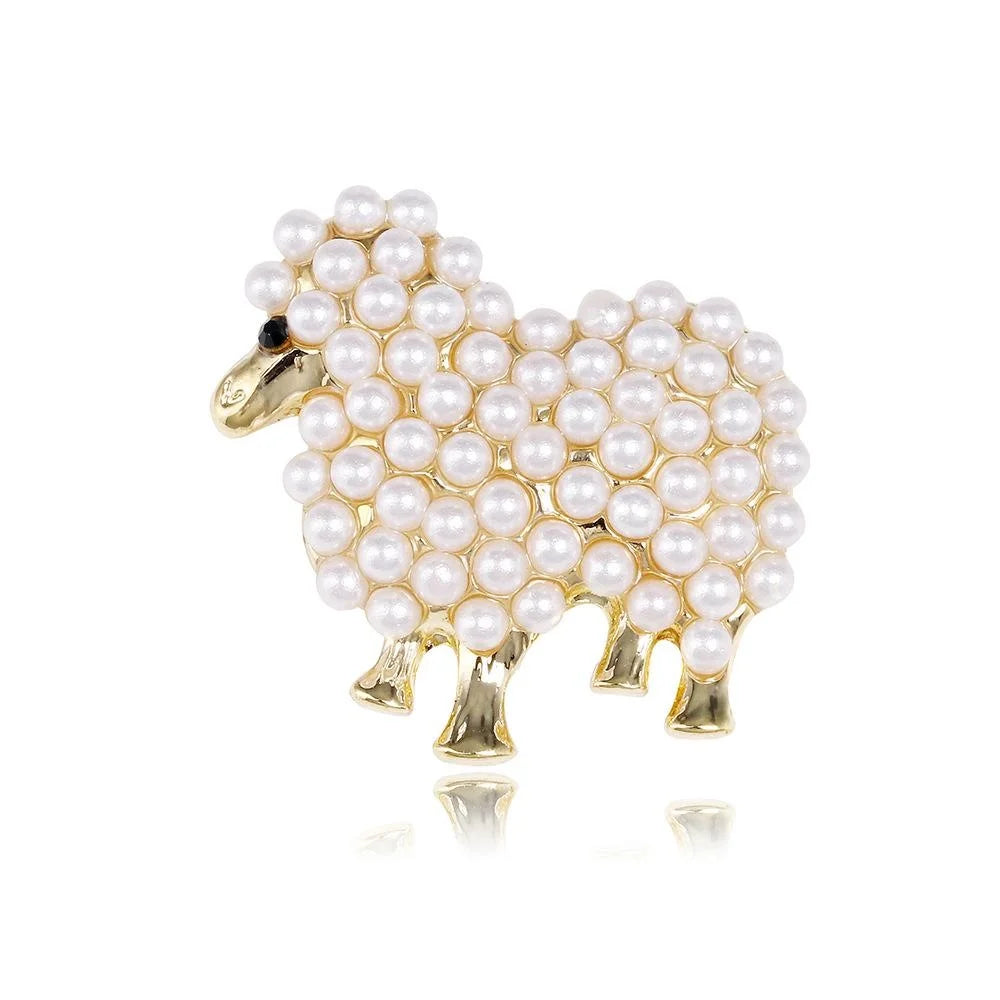 Cute Pearl Sheep Brooch Gold Tone Alloy Animal Lapel Pin Elegant Cardigan Corsage Suit Accessory Gift