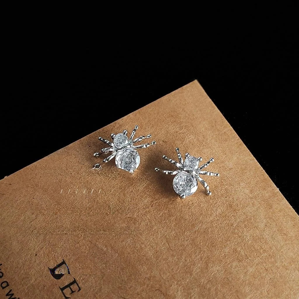 Niche Design Micro Pave Zircon Spider Stud Earrings With Silver Plated Pins For Women