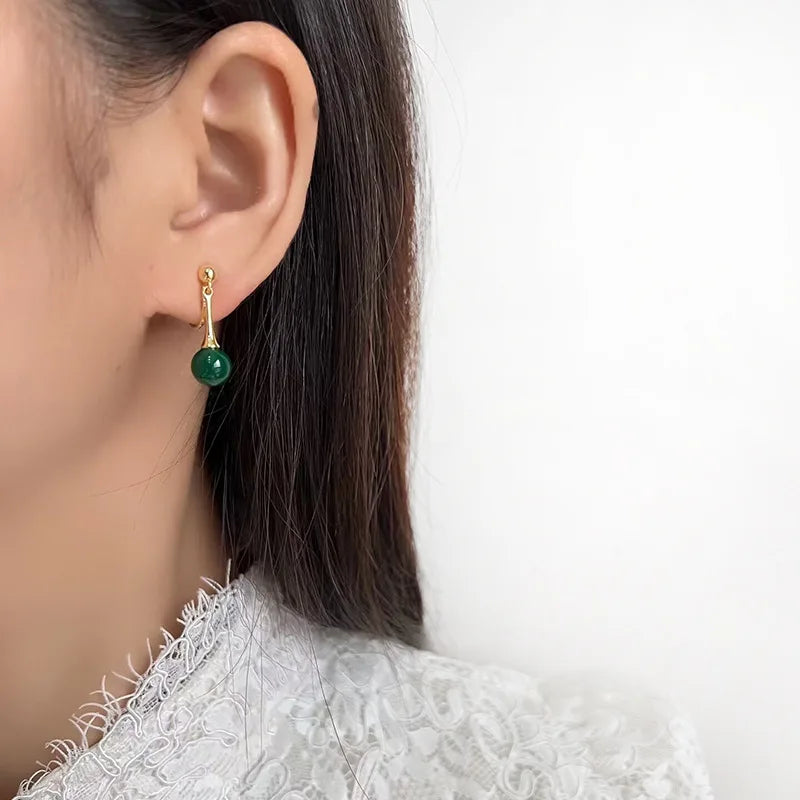 Vintage Green Agate Bead Spiral Disc Alloy Stud & Clip On No Piercing Chinese Style Drop Earrings