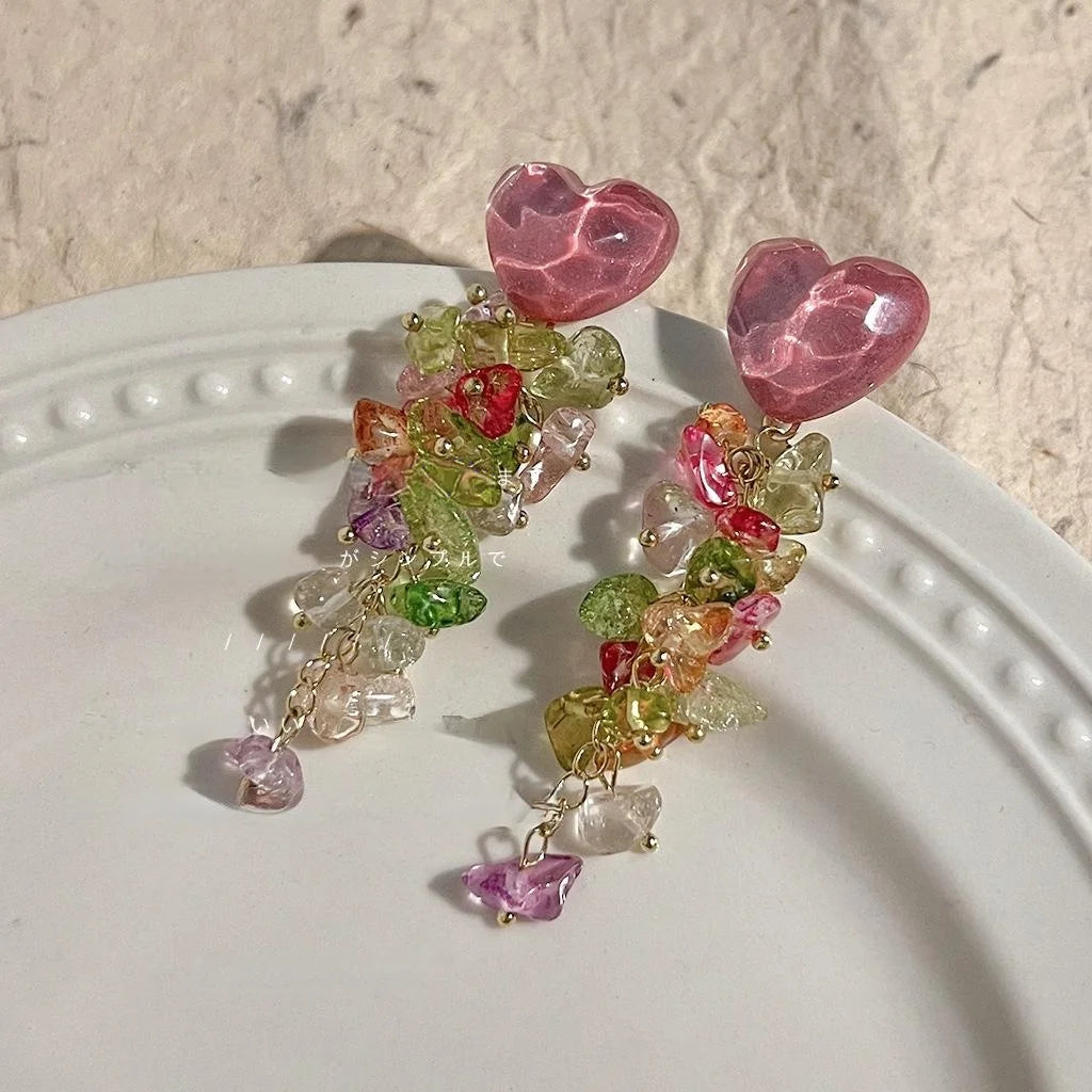 Silver Plated Copper Handmade Glass Crystal Heart Flower Long Tassel Stud Earrings