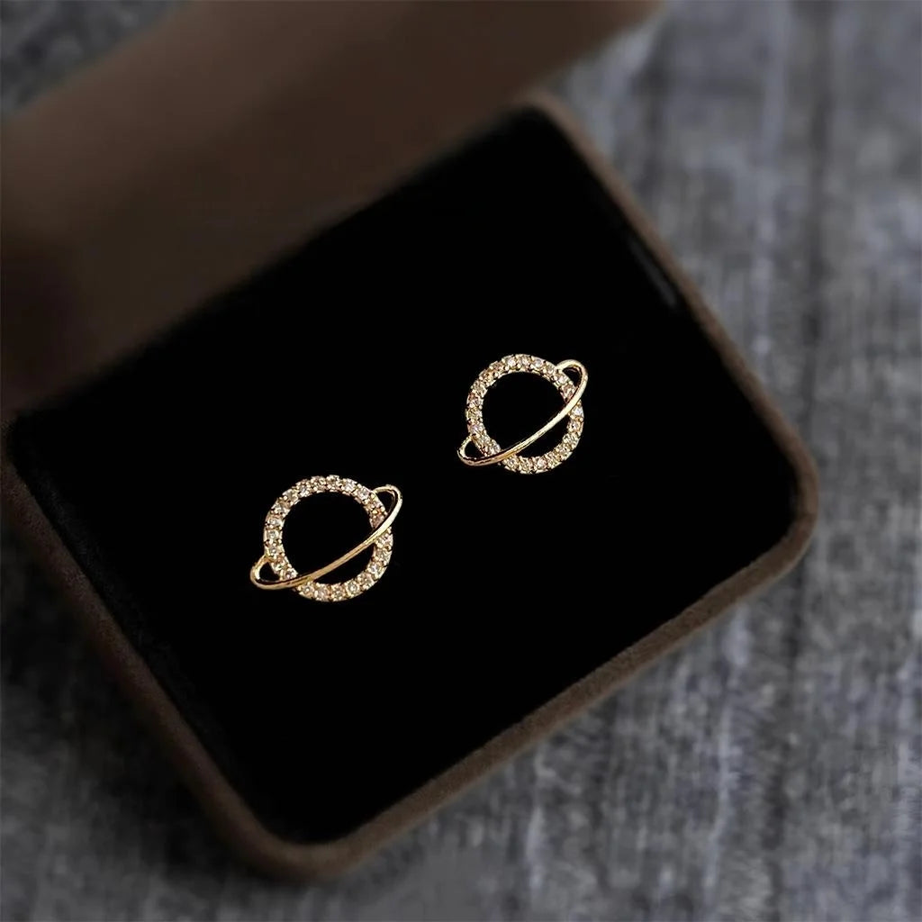 14K Plated Copper Micro Pave Zircon Hollow Planet Stud Earrings