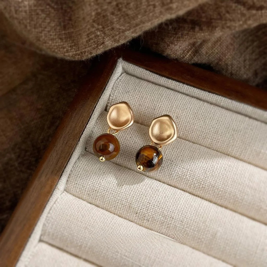 Vintage Maillard Style Tiger Eye Stone Round Geometric Drop Earrings With Copper