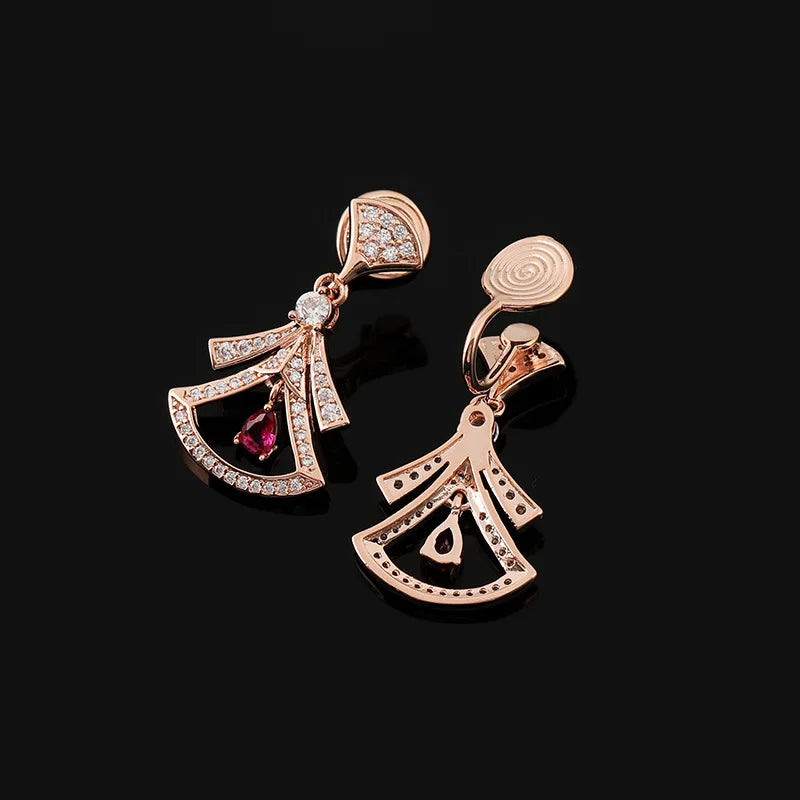 Elegant Fan Skirt Zircon Rhinestone Drop Stud & Clip On No Piercing Rose Gold Alloy Earrings
