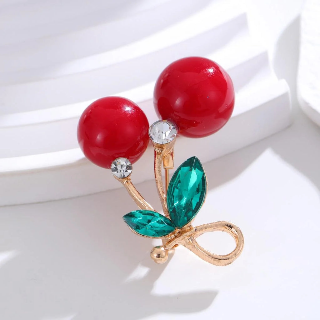 Cute 3D Cherry Brooch With Rhinestone Crystal Leaves, Gold Alloy Lapel Pin Corsage For Women's Suit Gift
