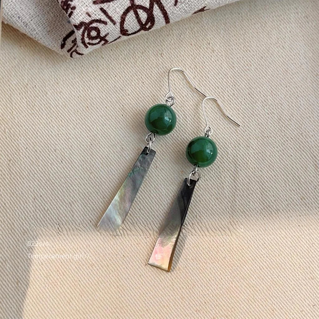 New Chinese Style Green Agate Shell Geometric Tassel Drop Earrings Handmade