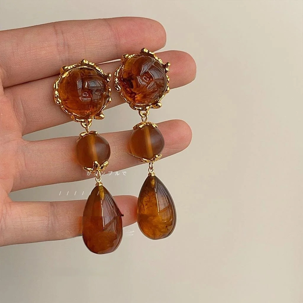 Vintage Amber Resin 3D Rose Tassel Drop Earrings, Handmade Court Style Statement Jewelry