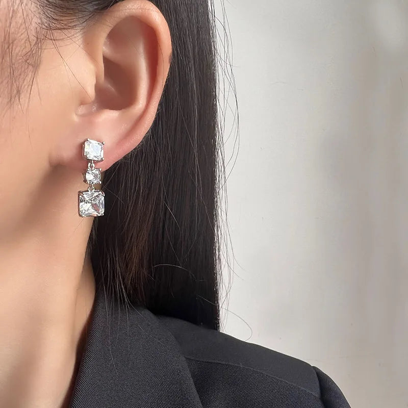 Luxury Princess Cut Square Zircon Crystal Geometric Drop Stud & Clip On No Piercing Long Dangle Earrings