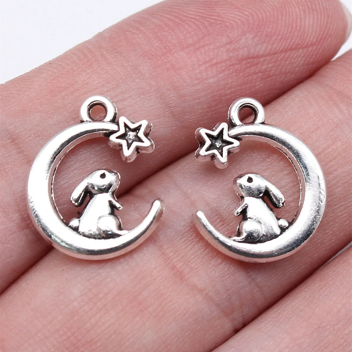 17x14mm 1.2g Antique Silver Zinc Alloy Rabbit Moon Star Charm Pendant for DIY Jewelry Making
