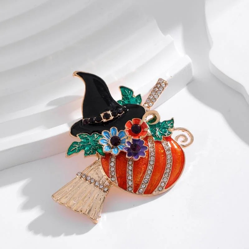 Cute Halloween Pumpkin Witch Hat Broom Enamel Rhinestone Alloy Brooch Lapel Pin Corsage Gift