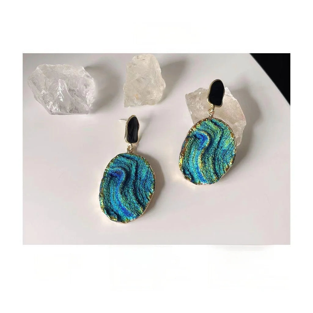 14K Gold Plated Klein Blue Textured Resin Oval Wave Stud Earrings