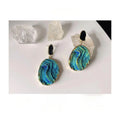 14K Gold Plated Klein Blue Textured Resin Oval Wave Stud Earrings