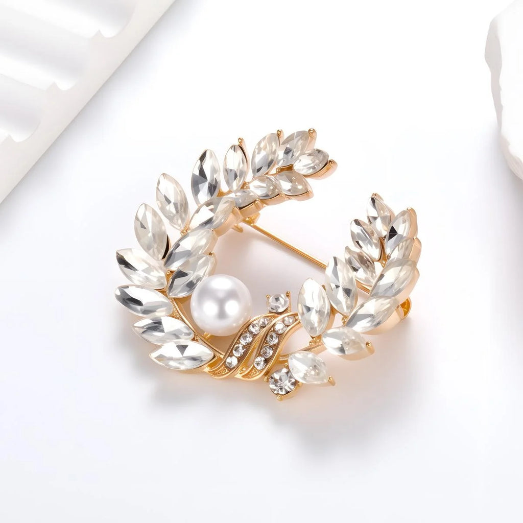 Elegant Pearl Leaf Wreath Brooch For Women Copper Zircon Rhinestone Lapel Pin Suit Corsage Gift