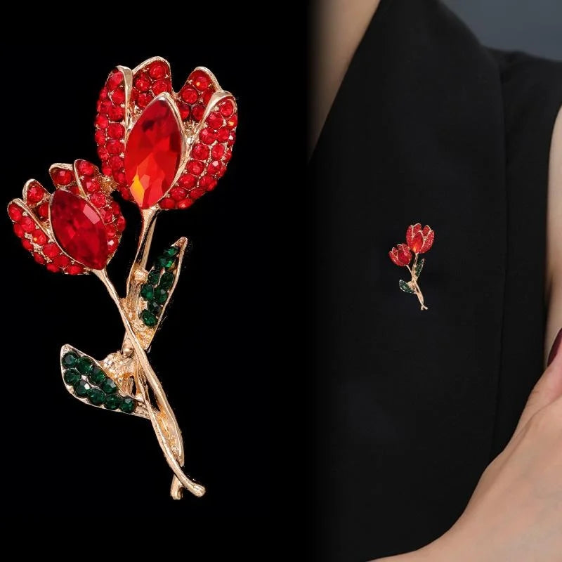 Luxury Red Rhinestone Tulip Flower Brooch, Gold Tone Alloy Floral Lapel Pin Corsage Gift For Women