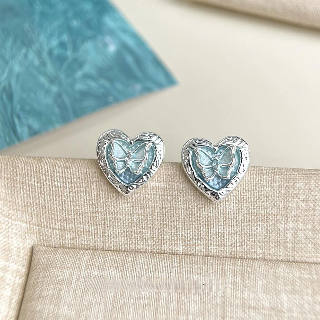 Elegant Blue Heart Butterfly Copper Stud Earrings With Silver Plated Posts