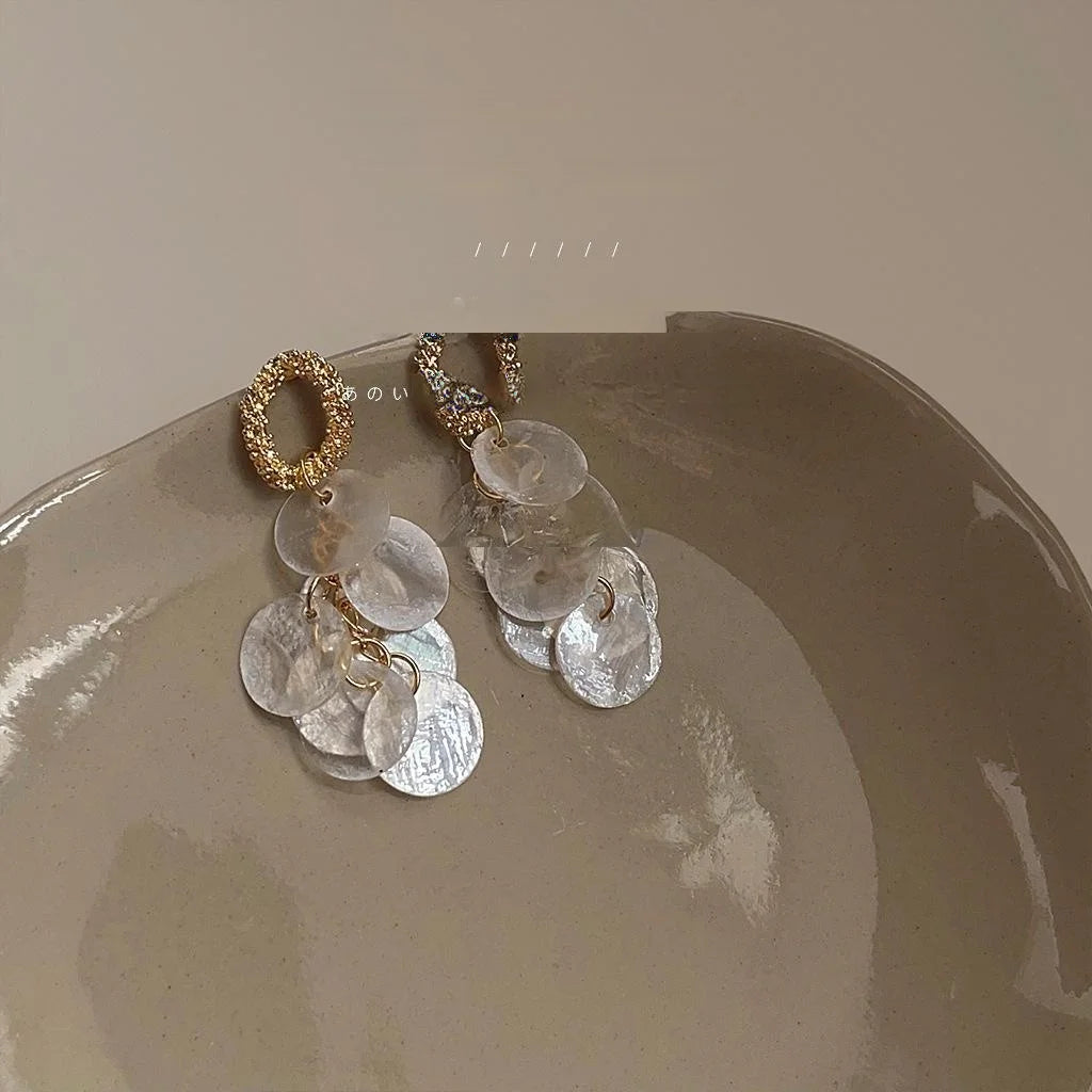 14K Gold Plated Geometric Shell Tassel Stud Earrings Handmade Light Luxury Jewelry