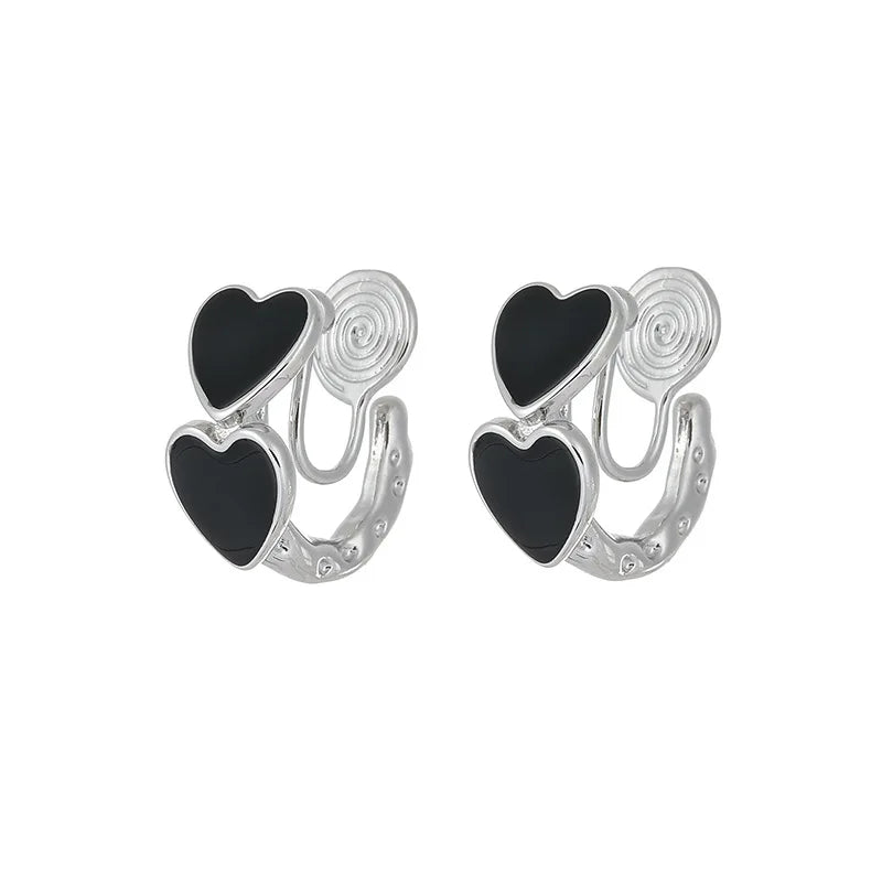 Vintage Black Enamel Heart C Hoop Alloy Stud & Clip On No Piercing Spiral Ear Cuff Earrings