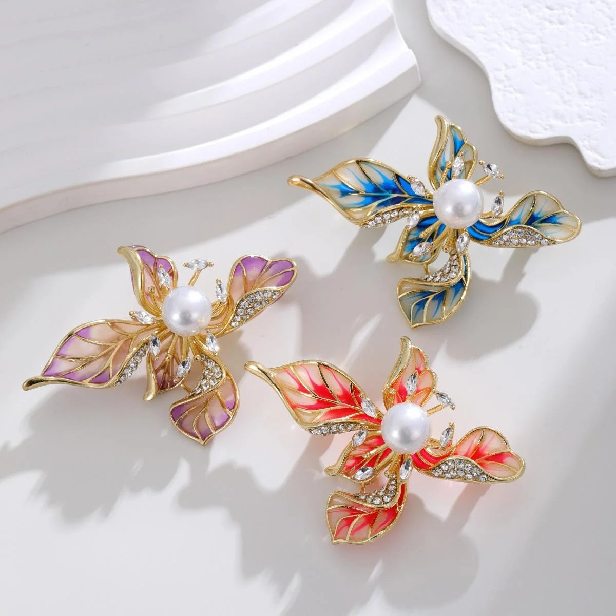 Luxury Vintage Iris Flower Brooch With Pearl Rhinestone Pink Enamel Petals, Elegant Lapel Pin Gift