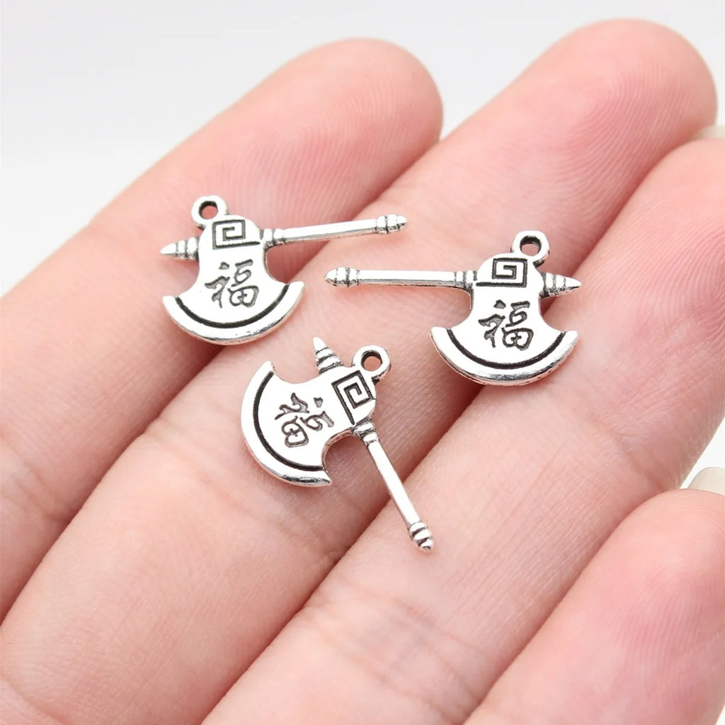 18x12mm 0.59g Antique Silver Zinc Alloy Fu Character Axe Charm Pendant for DIY Jewelry Making