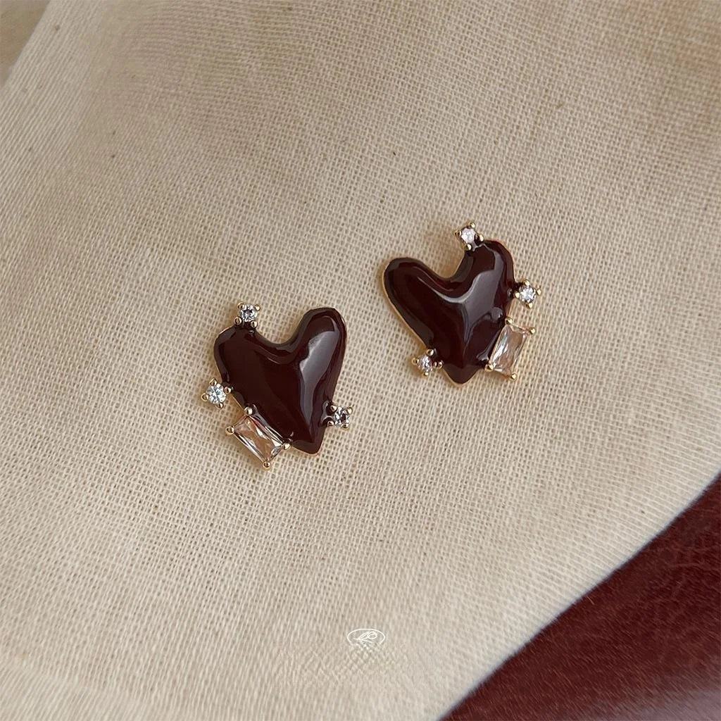 French Vintage Burgundy Heart Stud Earrings With Micro Pave Zircon Copper