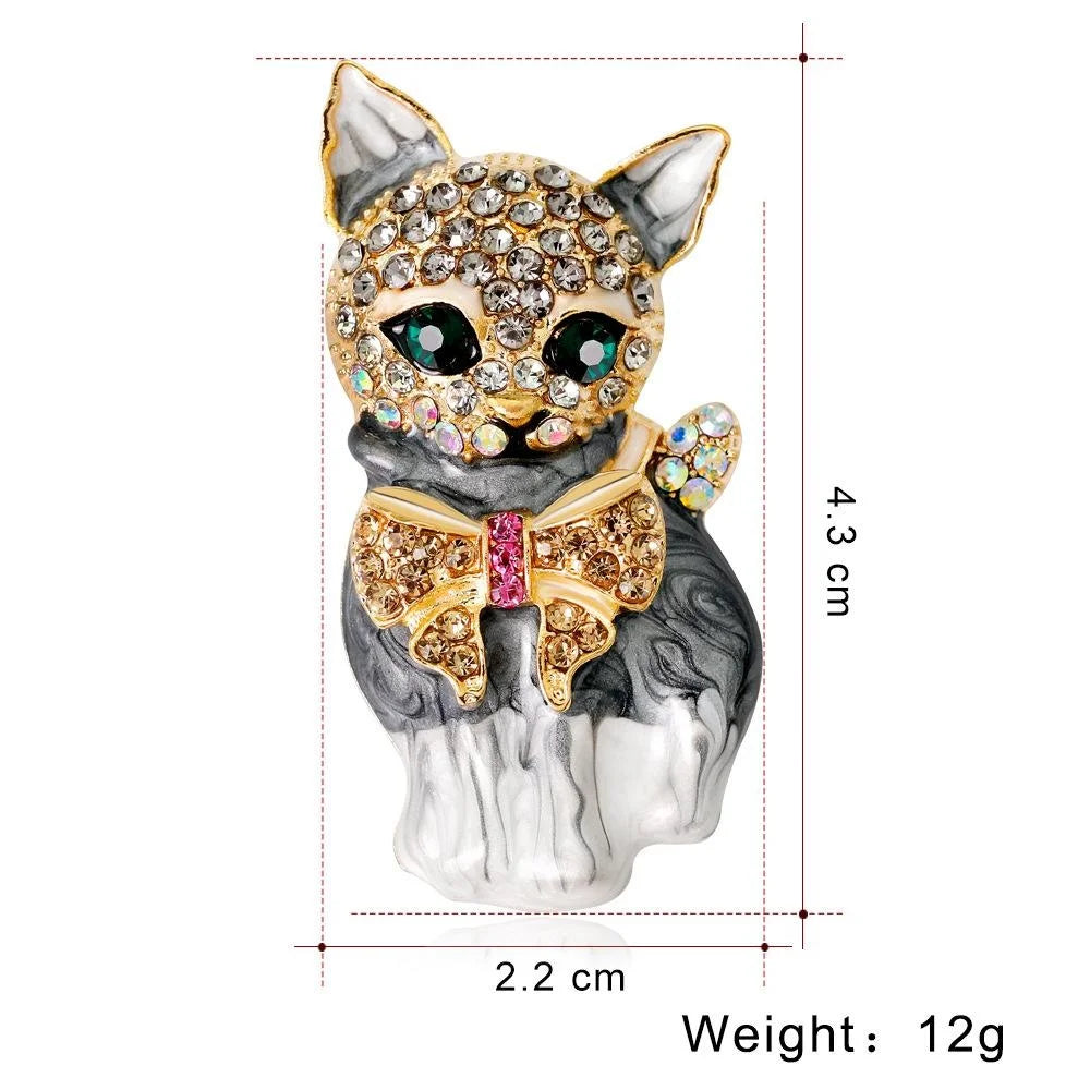 Cute Green Eye Cat Brooch Alloy Rhinestone Enamel Luxury Lapel Pin Corsage Suit Accessory Gift
