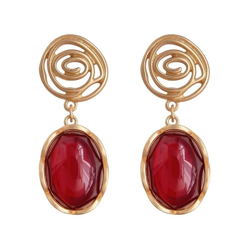 French Vintage Copper Oval Geometric Drop Earrings, Artistic Heavy Texture Statement Jewelry