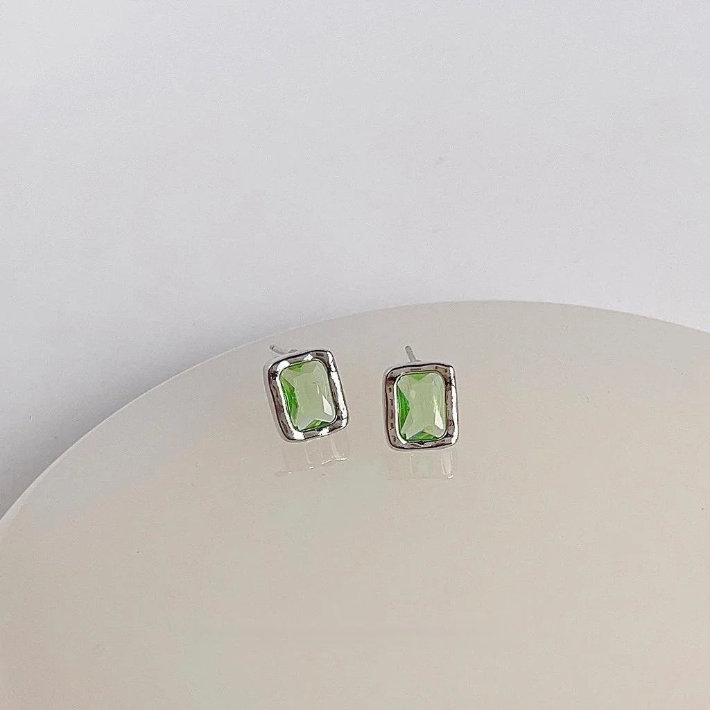 Icy Green Zircon Micro Pave Copper Stud Earrings, Geometric Square Minimalist Luxury Office Jewelry