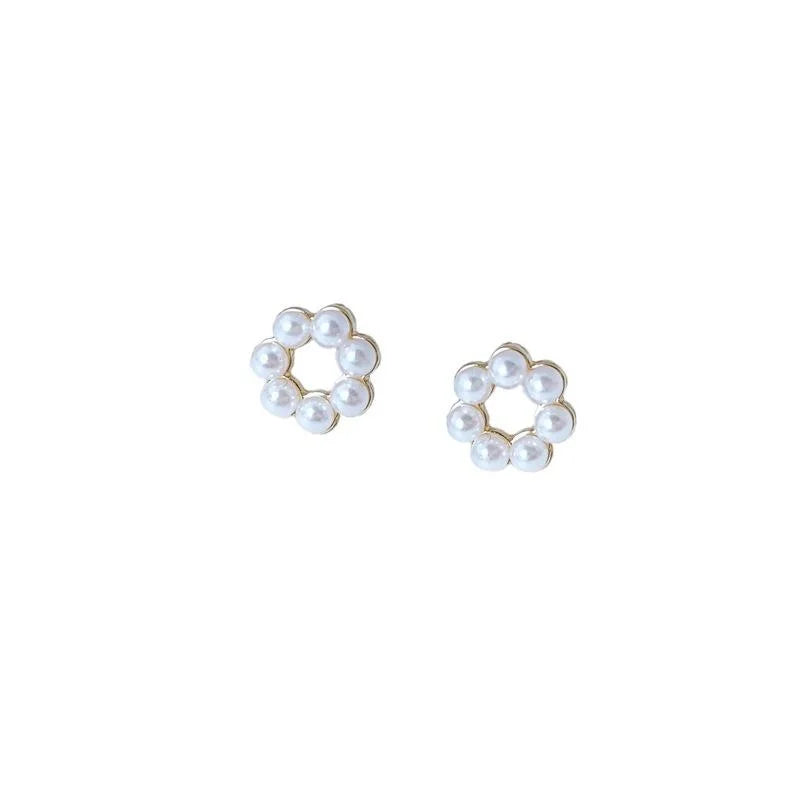 Minimalist Style Mini 14K Plated Alloy Pearl Round Flower Stud Earrings For Women