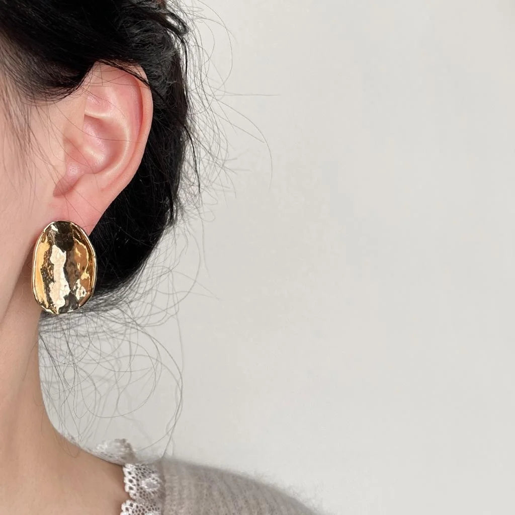 14K Plated Copper Irregular Geometric Drop Earrings Textured Curved Abstract Minimalist Jewelry