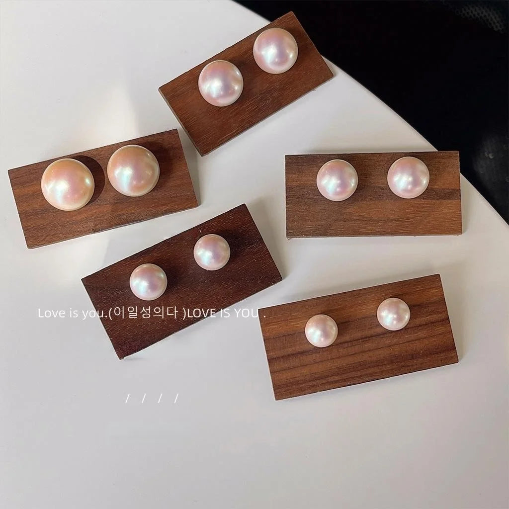 High Luster Resin Pearl Stud Earrings With Silver Plated Pins, Round Minimalist Commuter Jewelry