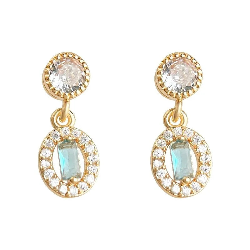 Elegant Aqua Blue Zircon Geometric Mini Copper Stud Earrings For Daily Wear
