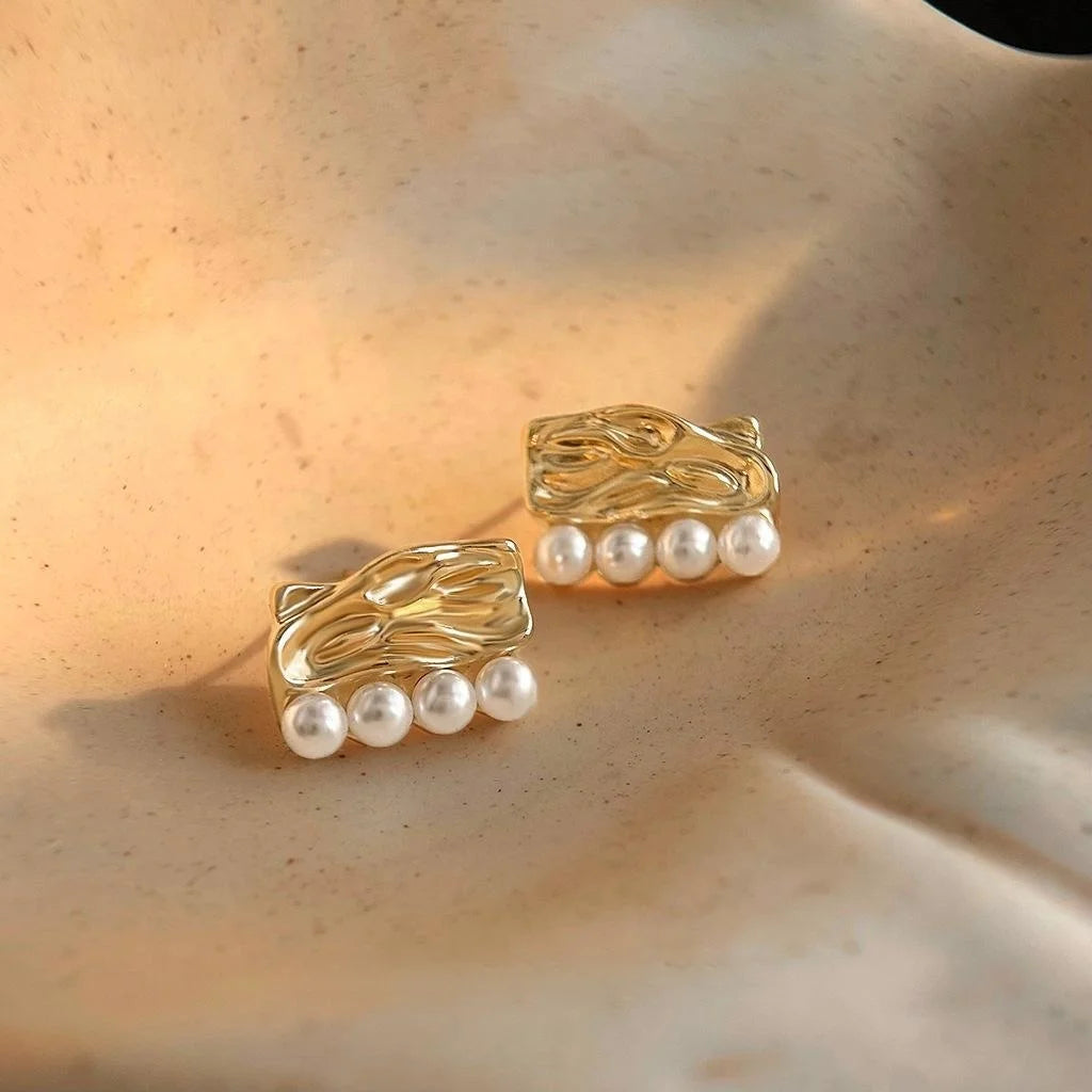 French Vintage Textured Copper Pearl Stud Earrings, Liquid Geometric Round Square Design
