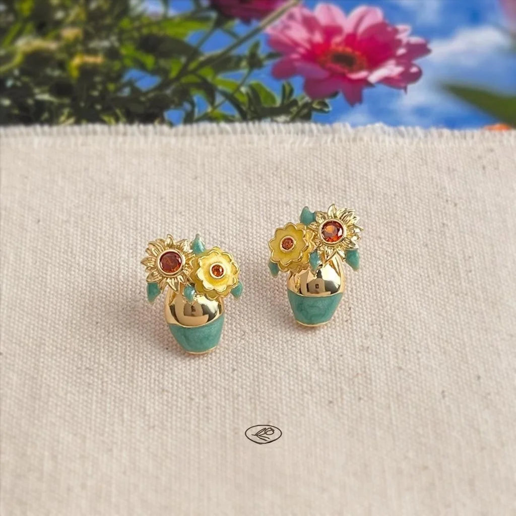 Luxury Designer Sunflower Enamel Stud Earrings 14K Plated Copper Micro Pave Zircon Jewelry