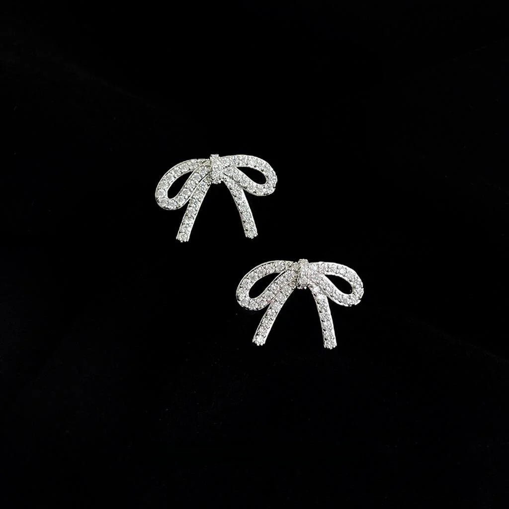 Micro Pave Zircon Copper Bow Knot Stud Earrings Sweet Minimalist Ribbon Commuter Jewelry
