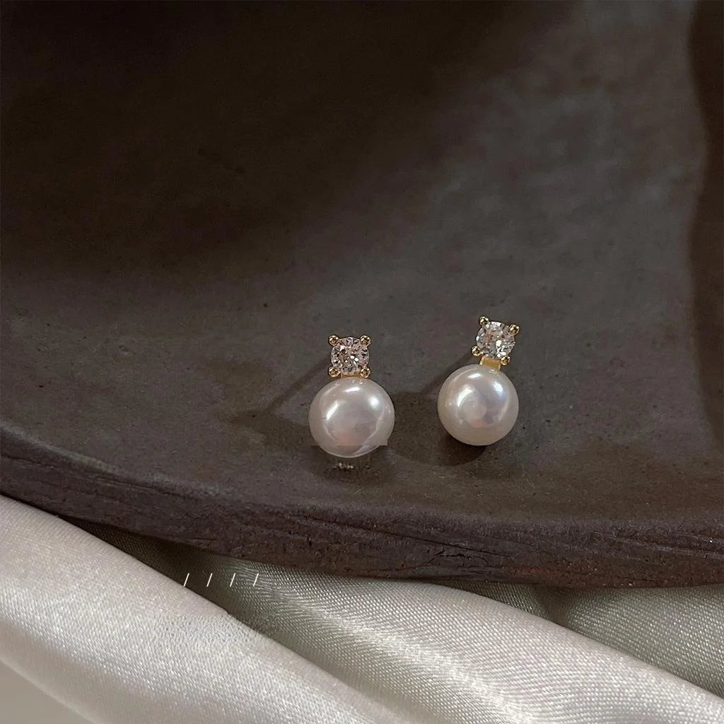 14K Gold Plated Copper Freshwater Pearl Micro Pave Zircon Round Stud Earrings Minimal Luxury Jewelry