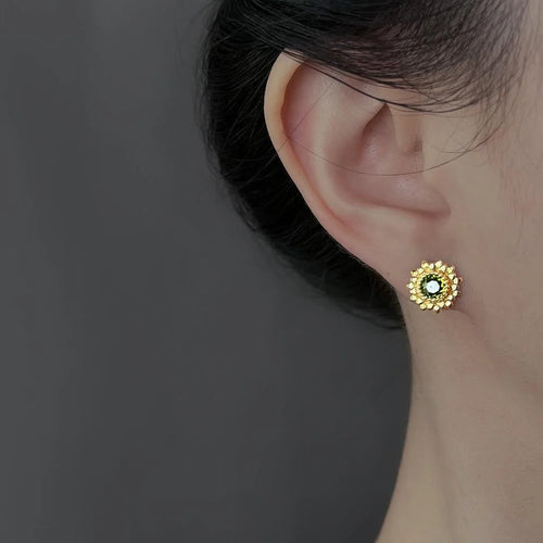 Olive Green Zircon Daisy Sunflower Stud Earrings Silver Plated Copper Floral Jewelry
