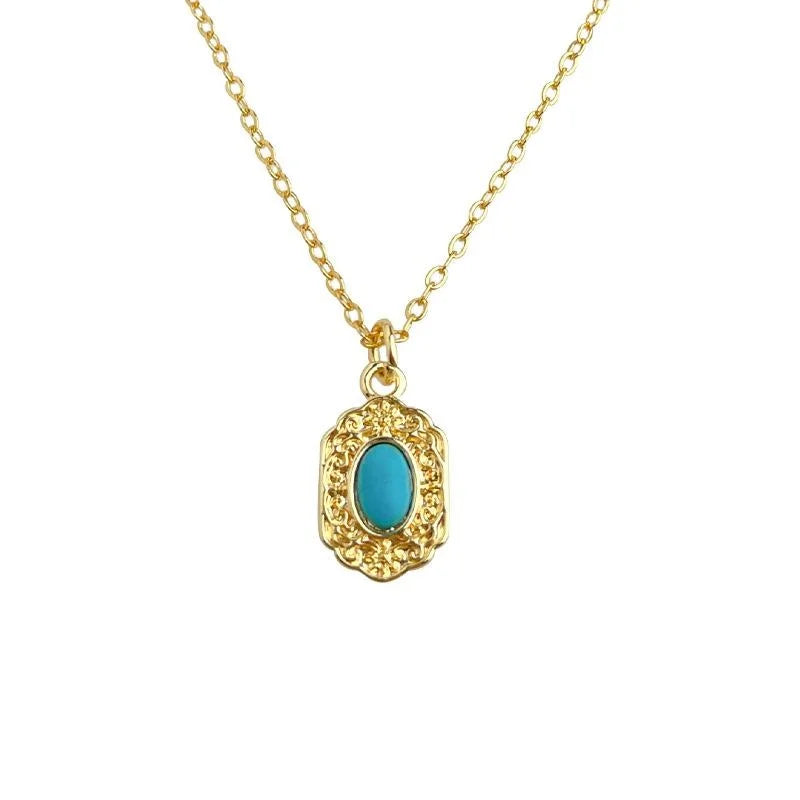18K Gold Plated Copper Synthetic Turquoise Geometric Vintage Minimalist Collarbone Necklace