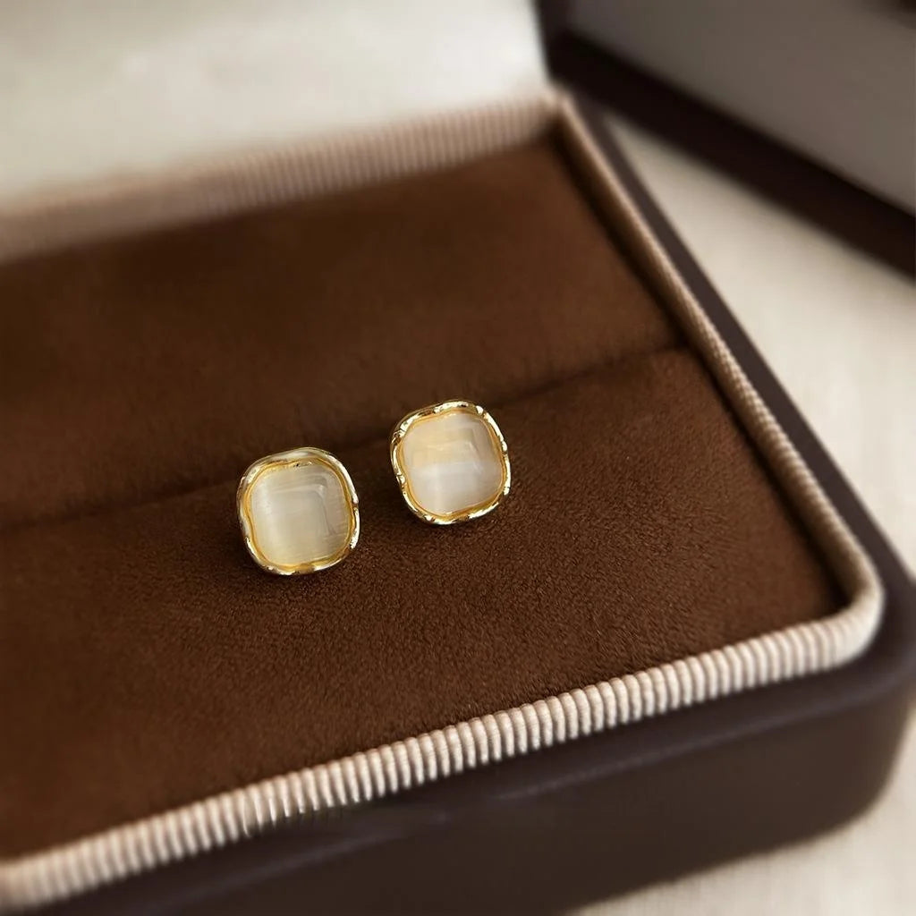 Minimalist 14K Plated Copper Square Glass Cat Eye Stone Stud Earrings With Silver Plated Pins