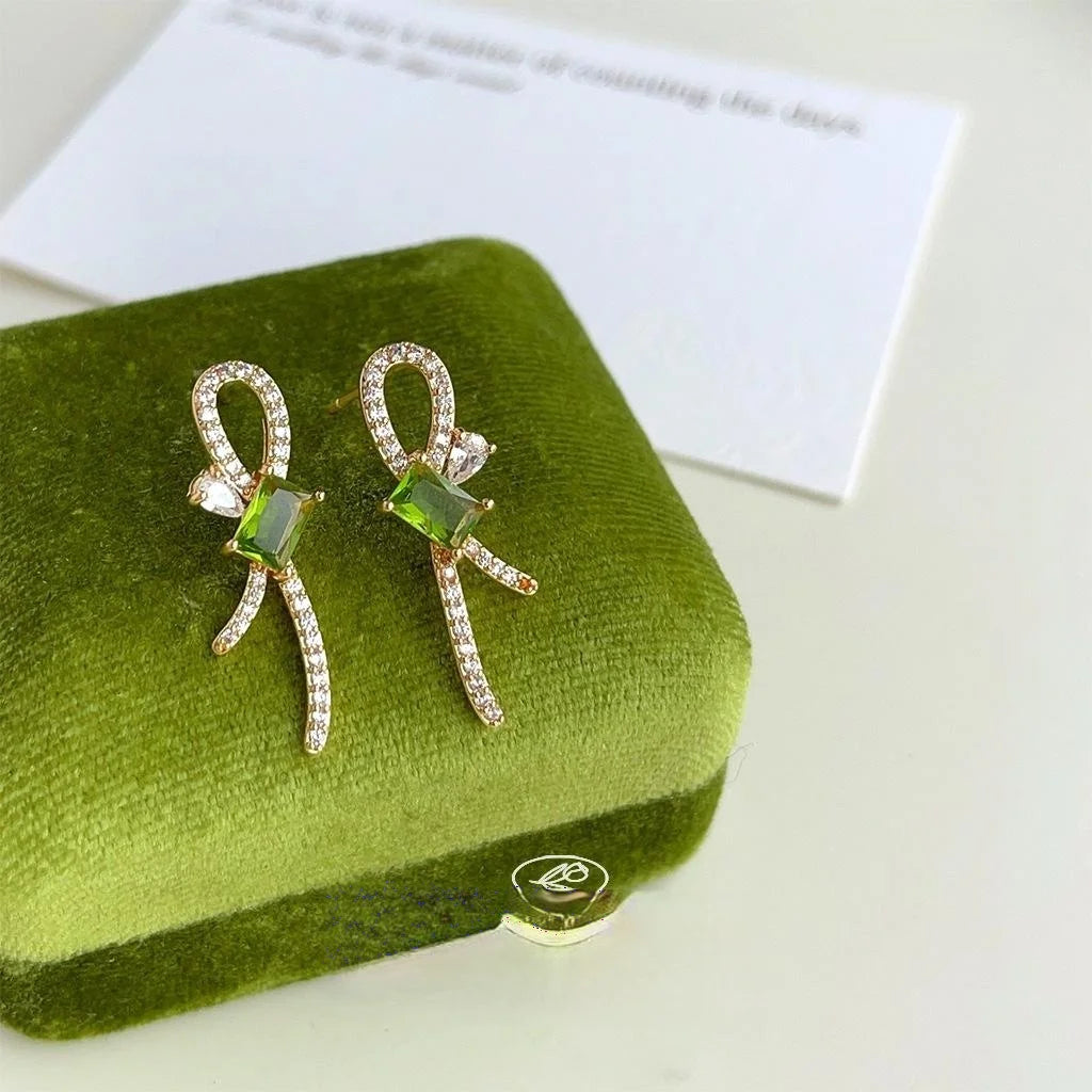 Original Design Green Bow Geometric Micro Pave Zircon 14K Plated Copper Drop Earrings