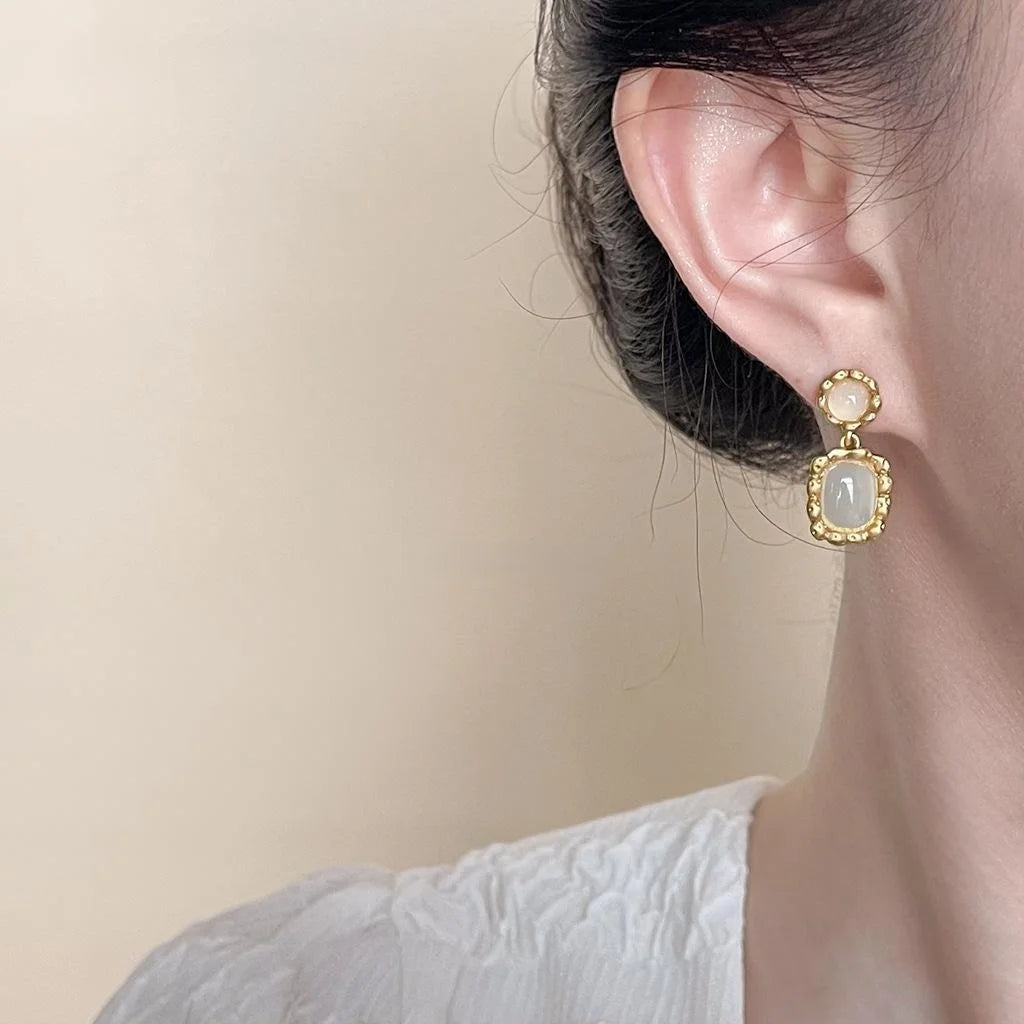 French Vintage Copper Geometric Wavy Lace Square Drop Earrings For Elegant Commuter Style