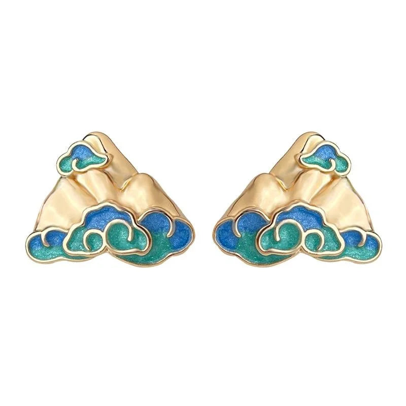 New Chinese Style Geometric Mountain Cloud Painted Enamel Copper Stud Earrings