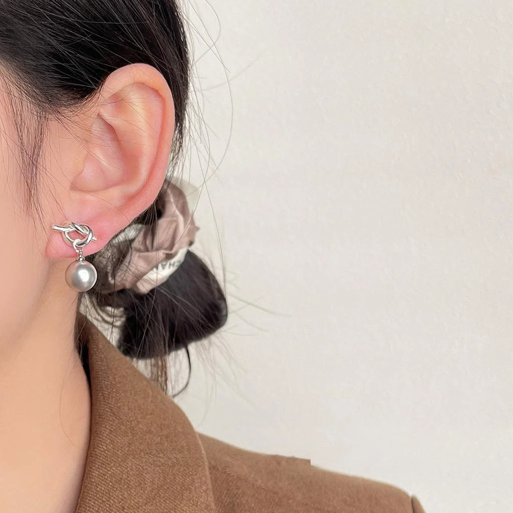 Luxury Minimalist Gray Pearl Knot Copper Drop Earrings Geometric Hoop Style