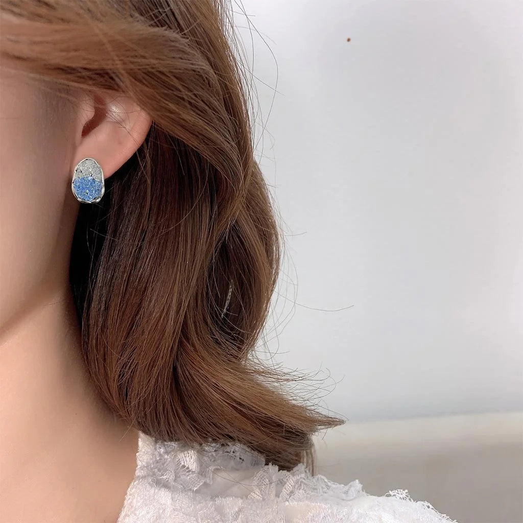 Glacier Blue Glass Crystal Gradient Silver Plated Oval Geometric Luxury Stud Earrings