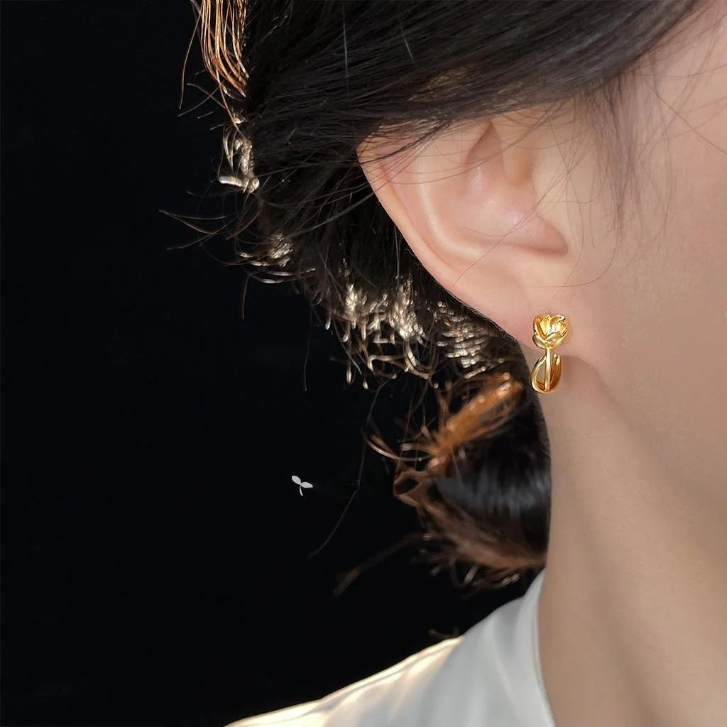 Minimalist Copper Lotus Flower Stud Earrings For Women Elegant Commuter Jewelry