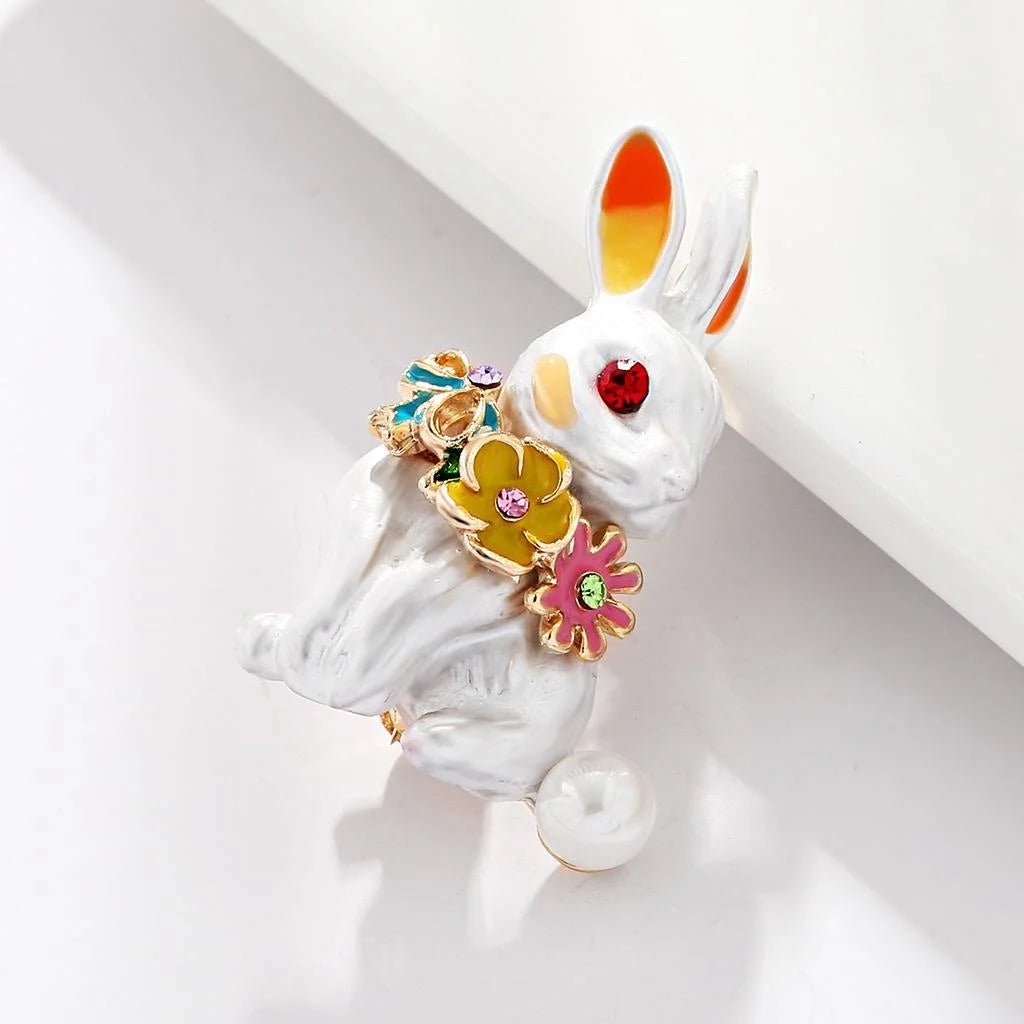 Cute Enamel Rabbit Brooch With Rhinestone Eyes, Alloy Flower Corsage Lapel Pin For Suit Accessory Gift