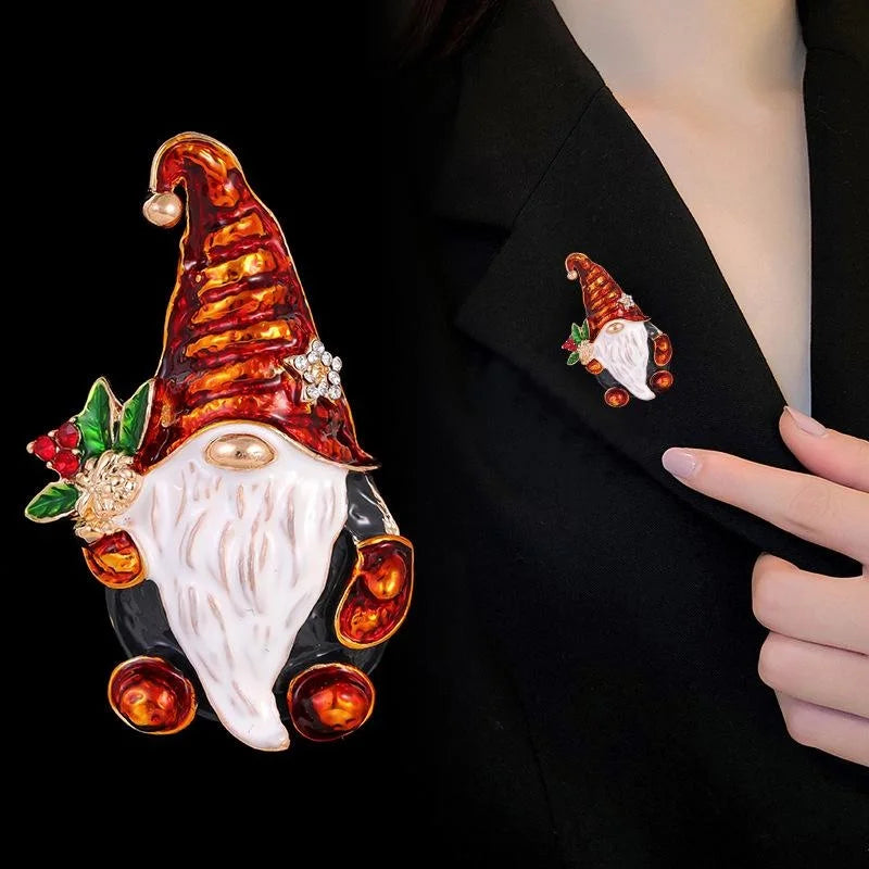 Cute Enamel Alloy Santa Gnome Brooch With Rhinestone Holly, Christmas Lapel Pin Corsage Suit Accessory Gift