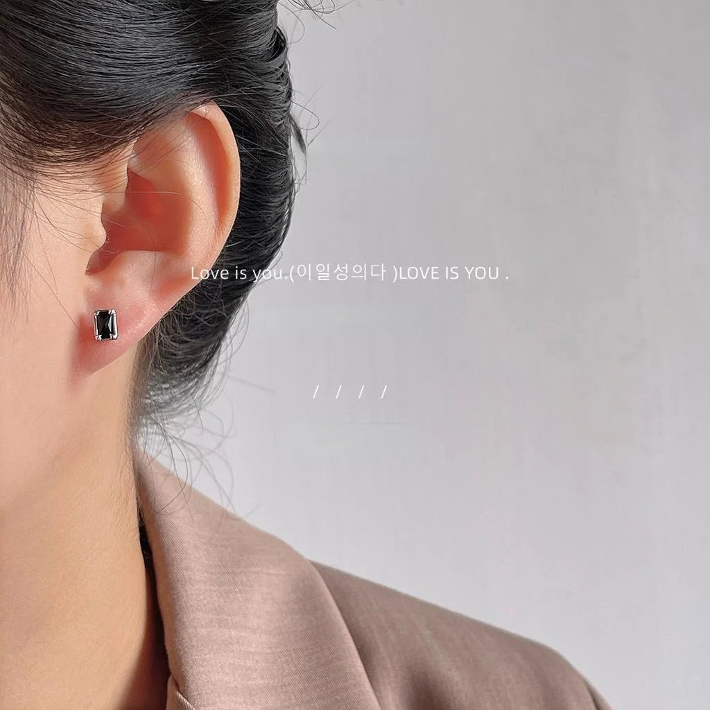 Minimalist Black Rectangular Zircon Copper Stud Earrings, Mini Geometric Jewelry