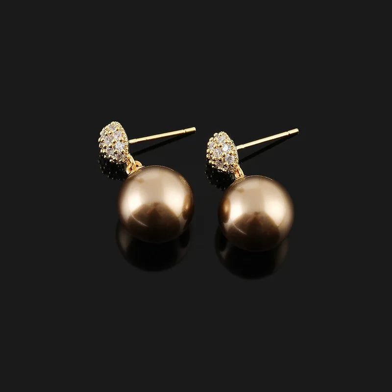 Elegant Brown Pearl Drop Zircon Spiral Stud & Clip On No Piercing Luxury Fashion Earrings