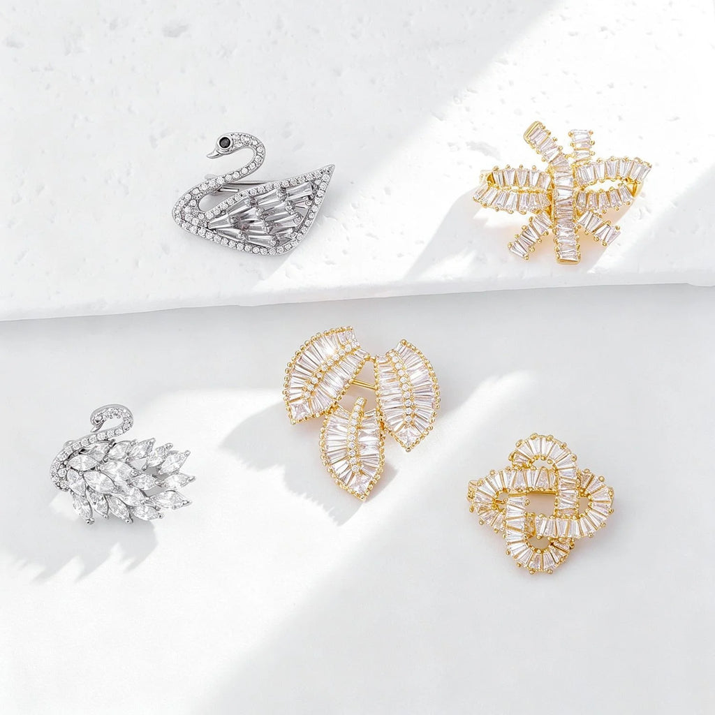 Elegant Zircon Swan Leaf Rose Money Tree Brooch, Luxury Alloy Lapel Pin Corsage Suit Accessory Gift