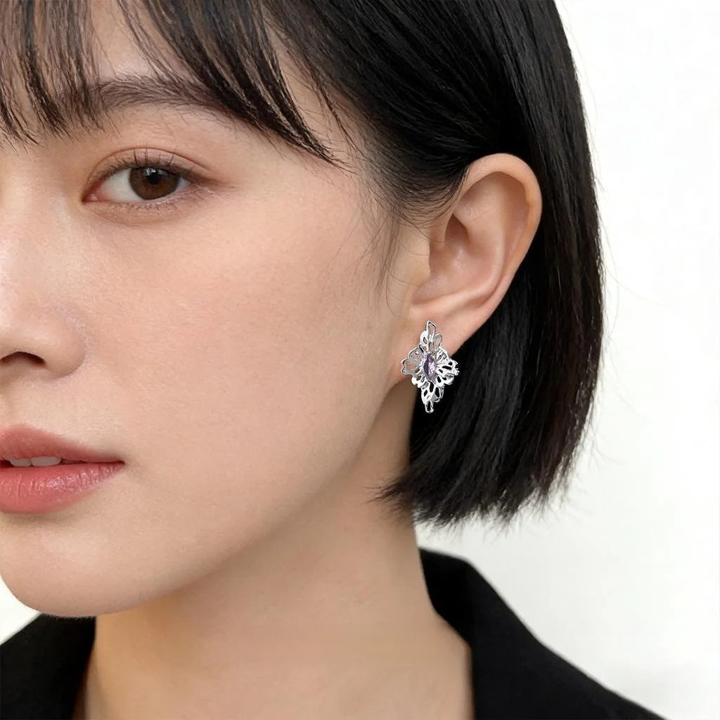 Luxury Original Designer Silver Plated Copper Zircon 3D Floral Stud Earrings For Women