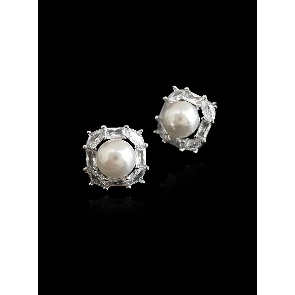 Light Luxury Zircon Pearl Geometric Square Stud Earrings For Women, Silver Plated Commuter Jewelry